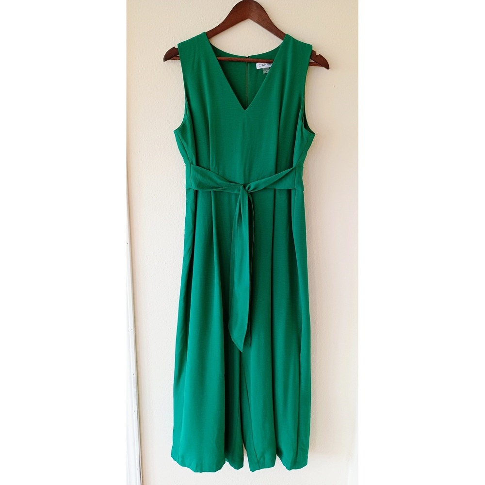 Calvin Klein Kelly Green Sleeveless Wide Leg Jumpsuit Tie Waist V-Neck Size 10